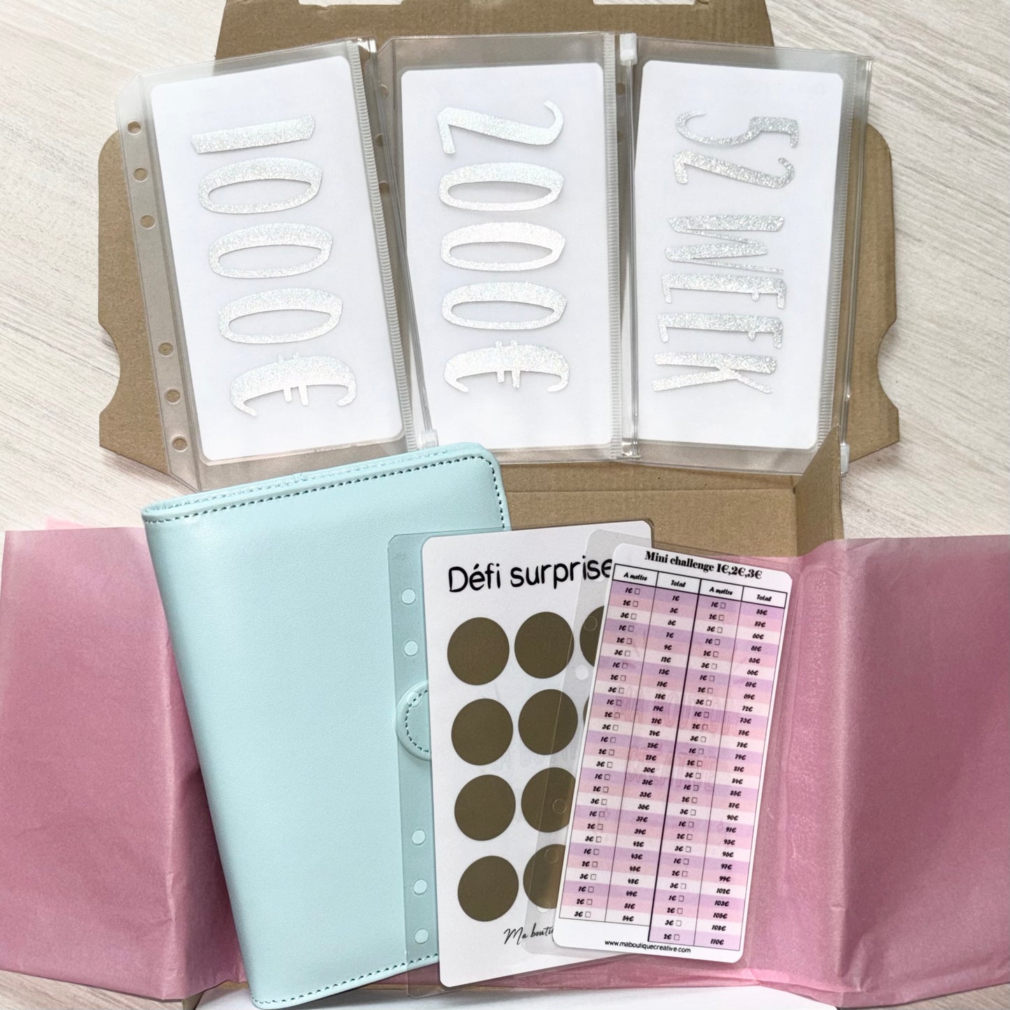 Pack classeur + défis format A6 bleu ciel