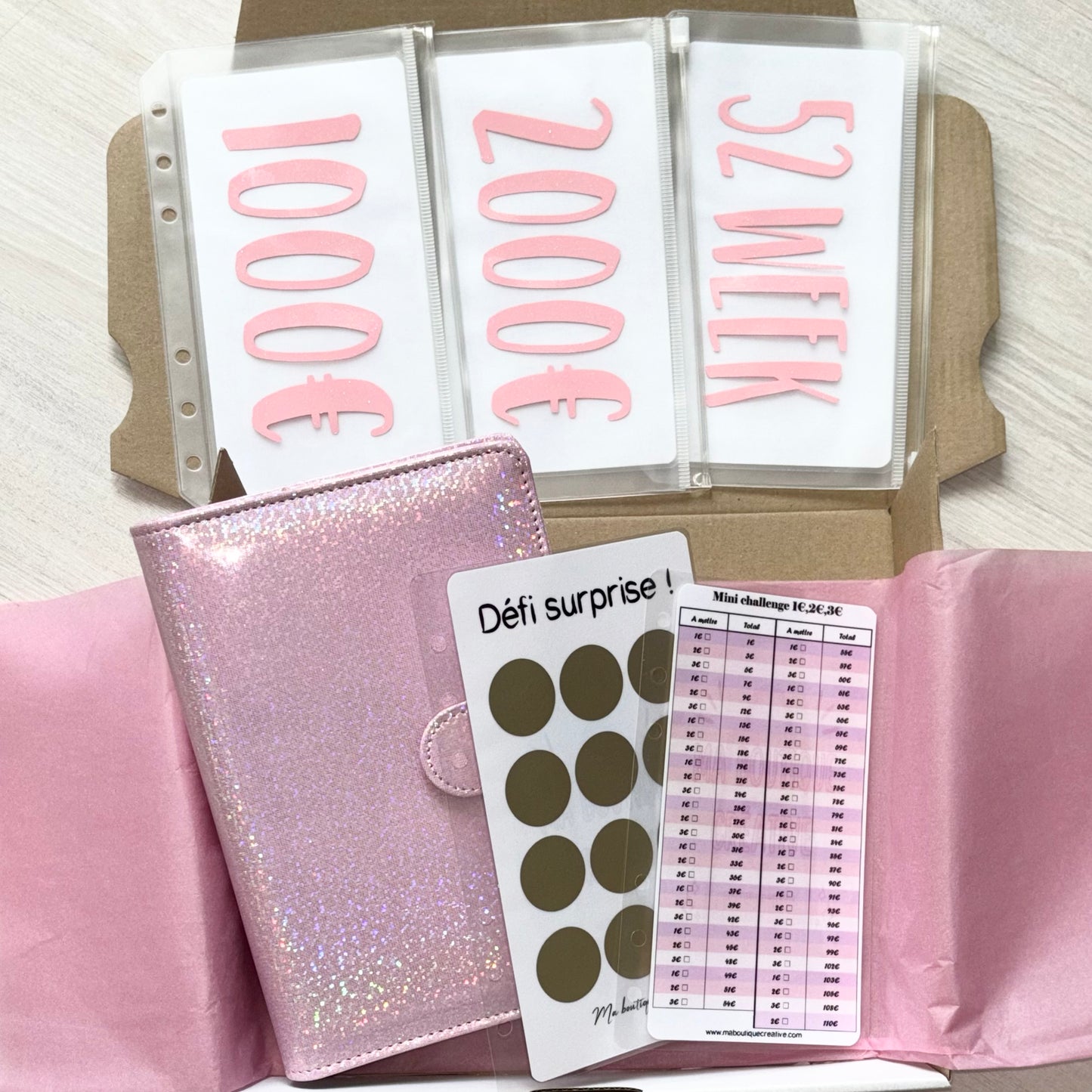 Pack classeur + défis format A6 rose pailletée