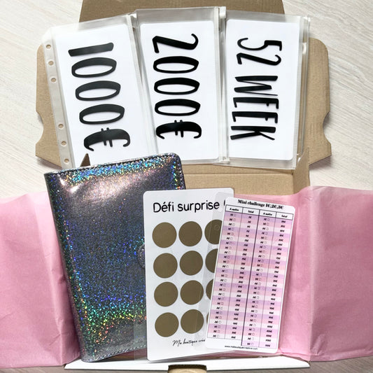Pack classeur + défis format A6 noir pailletée