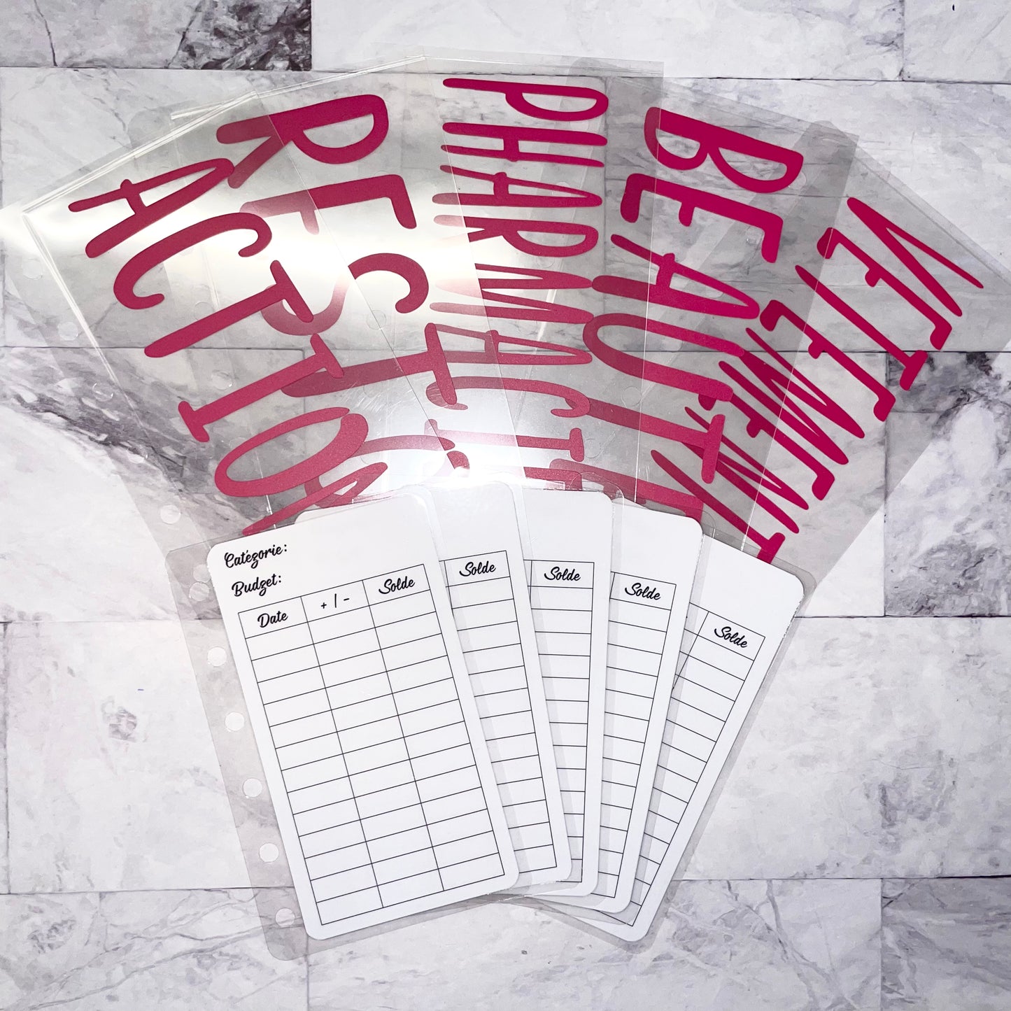 Lot de 5 Enveloppes budgétaires plastifiées transparentes format A7 personnalisables + 5 trackers perforées format A7