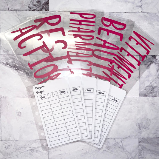 Lot de 5 Enveloppes budgétaires plastifiées transparentes format A7 personnalisables + 5 trackers perforées format A7